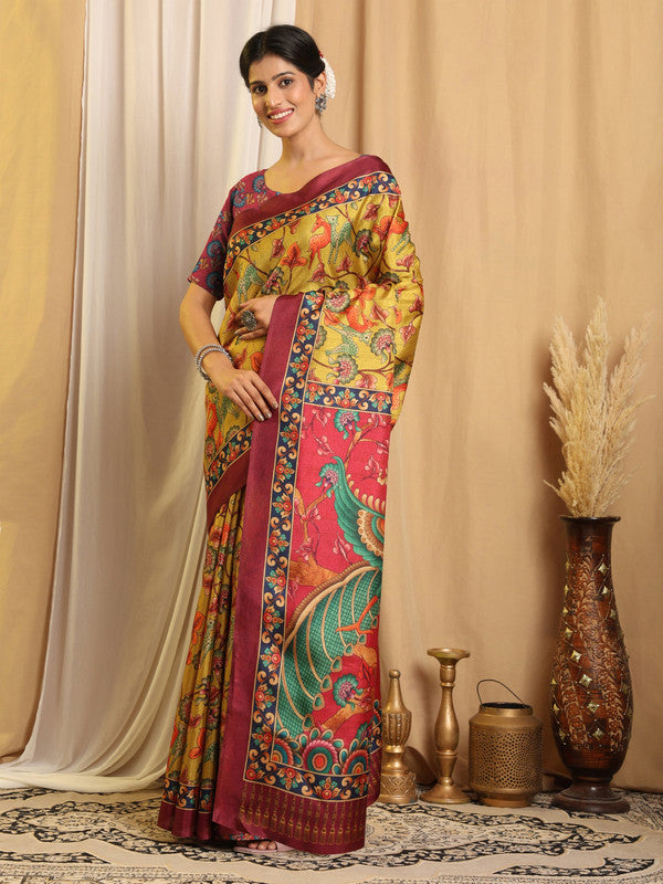 Shivam Fabrics Yellow Tussar Silk Fabric Printed Saree - Distacart
