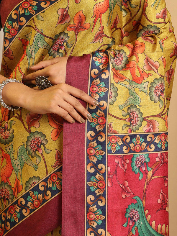 Shivam Fabrics Yellow Tussar Silk Fabric Printed Saree - Distacart