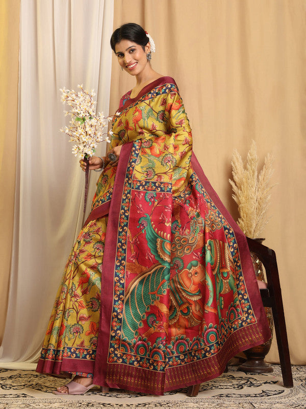 Shivam Fabrics Yellow Tussar Silk Fabric Printed Saree - Distacart