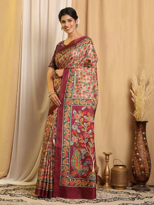 Shivam Fabrics Multi Color Tussar Silk Fabric Printed Saree - Distacart