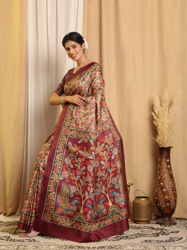 Shivam Fabrics Multi Color Tussar Silk Fabric Printed Saree - Distacart