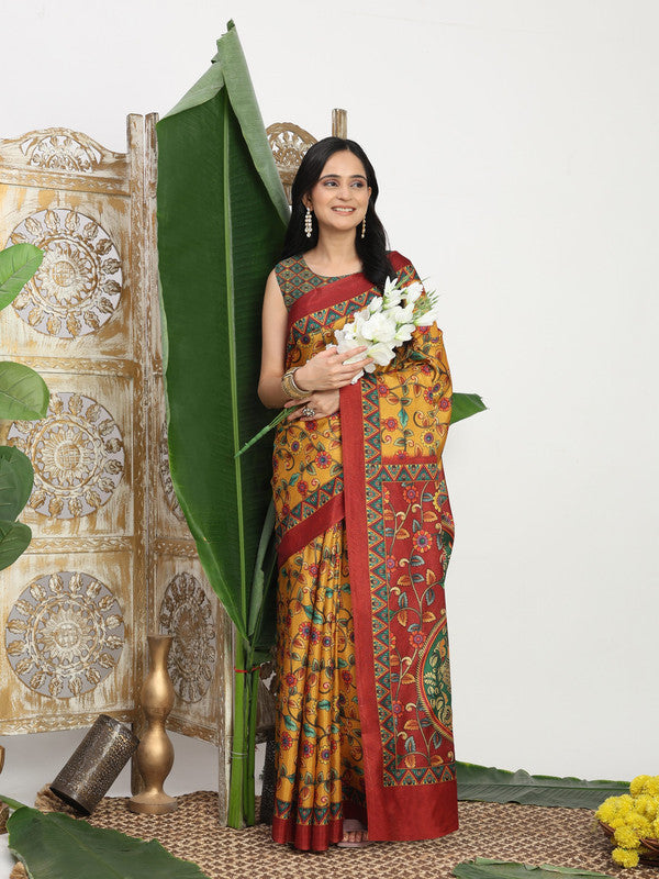 Shivam Fabrics Mustard Tussar Silk Fabric Printed Saree - Distacart