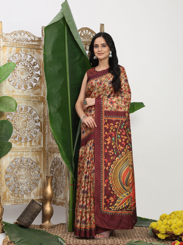 Shivam Fabrics Beige Tussar Silk Fabric Printed Saree - Distacart
