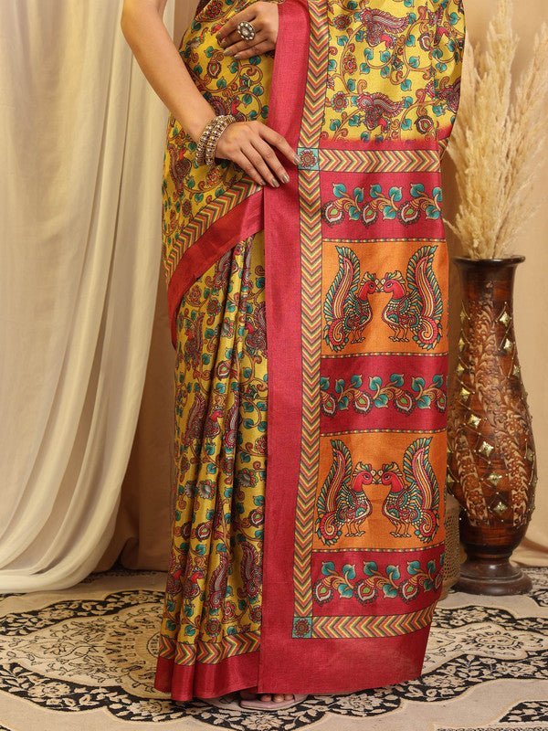 Shivam Fabrics Yellow Tussar Silk Fabric Printed Saree - Distacart