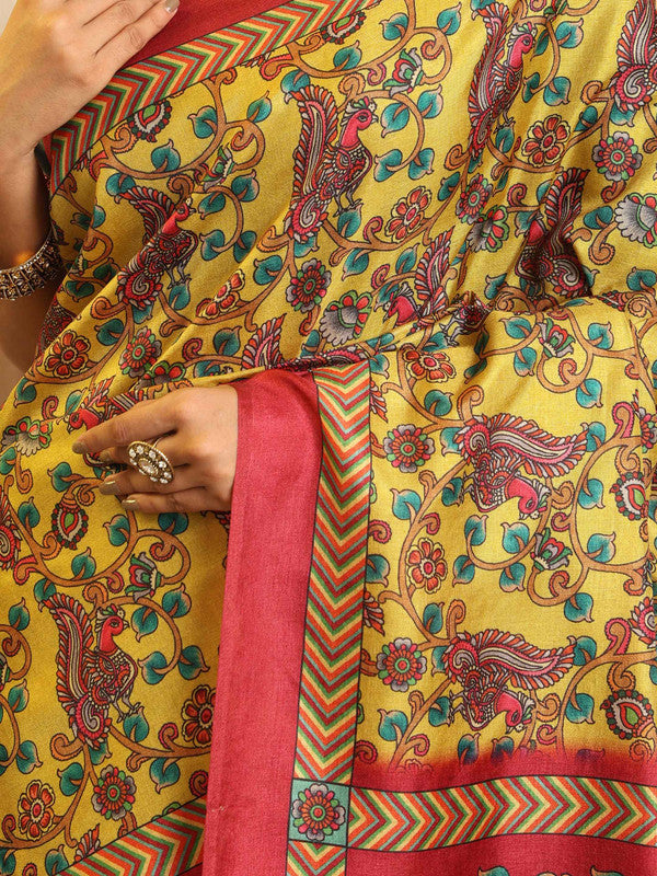 Shivam Fabrics Yellow Tussar Silk Fabric Printed Saree - Distacart