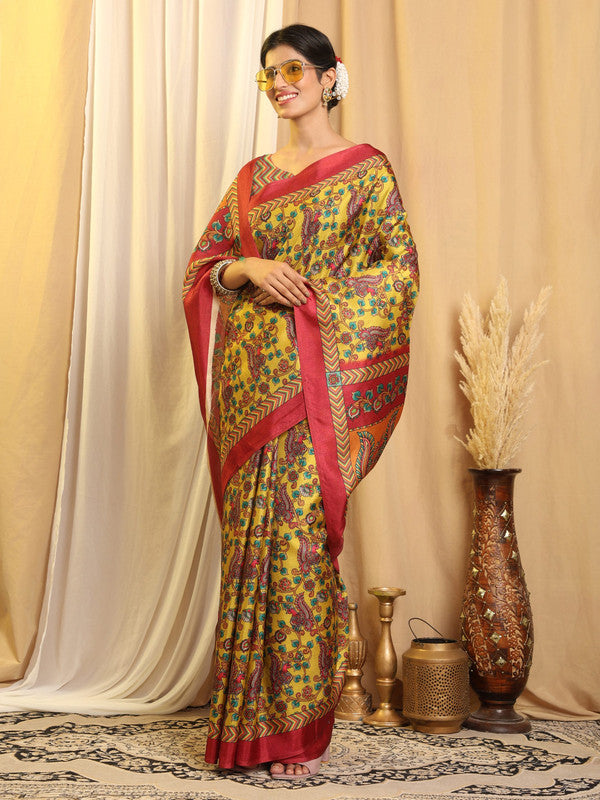 Shivam Fabrics Yellow Tussar Silk Fabric Printed Saree - Distacart