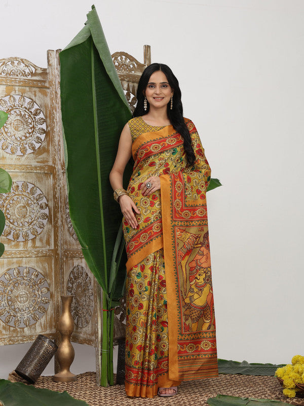 Shivam Fabrics Yellow Tussar Silk Fabric Printed Saree - Distacart
