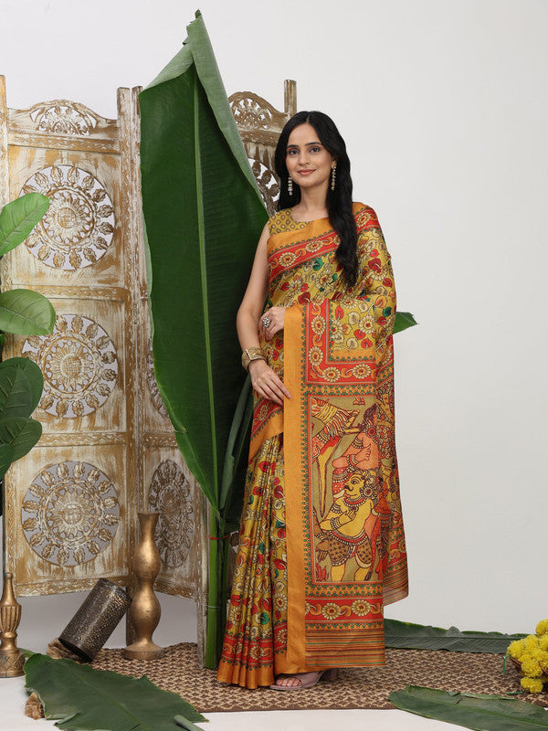 Shivam Fabrics Yellow Tussar Silk Fabric Printed Saree - Distacart