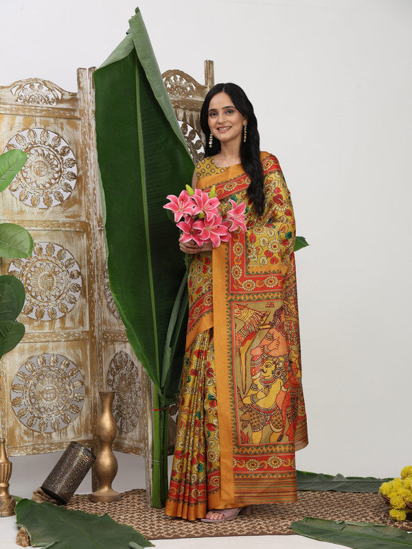 Shivam Fabrics Yellow Tussar Silk Fabric Printed Saree - Distacart