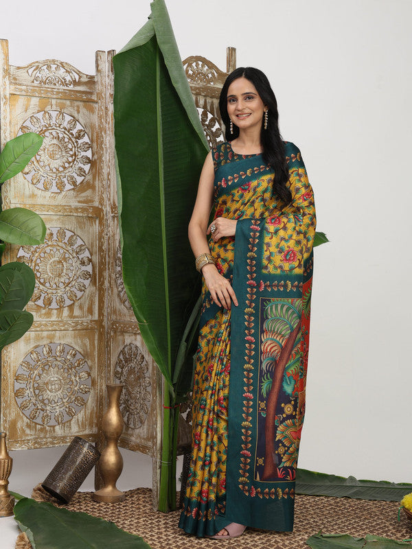 Shivam Fabrics Yellow Tussar Silk Fabric Printed Saree - Distacart
