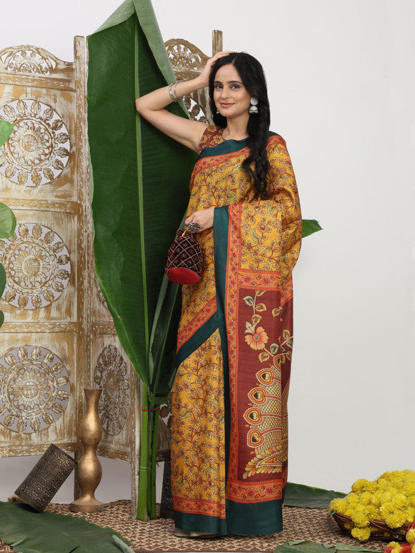 Shivam Fabrics Yellow Tussar Silk Fabric Printed Saree - Distacart