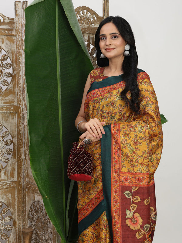 Shivam Fabrics Yellow Tussar Silk Fabric Printed Saree - Distacart