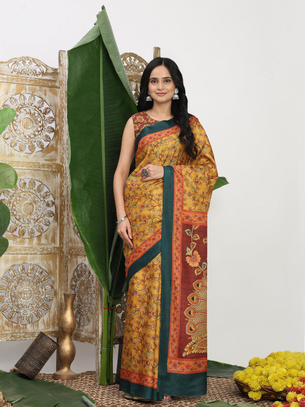 Shivam Fabrics Yellow Tussar Silk Fabric Printed Saree - Distacart