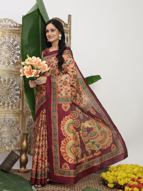 Shivam Fabrics Pink Tussar Silk Fabric Printed Saree - Distacart