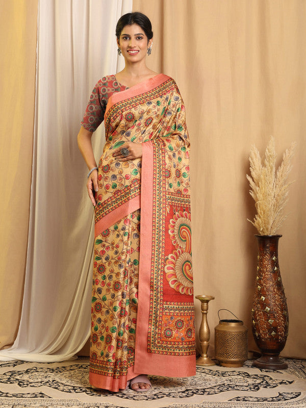 Shivam Fabrics Beige Tussar Silk Fabric Printed Saree - Distacart