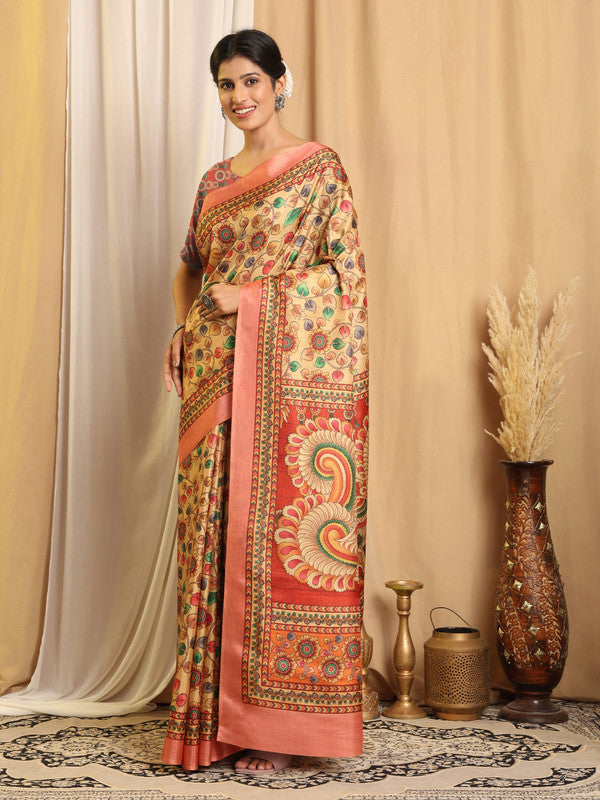 Shivam Fabrics Beige Tussar Silk Fabric Printed Saree - Distacart