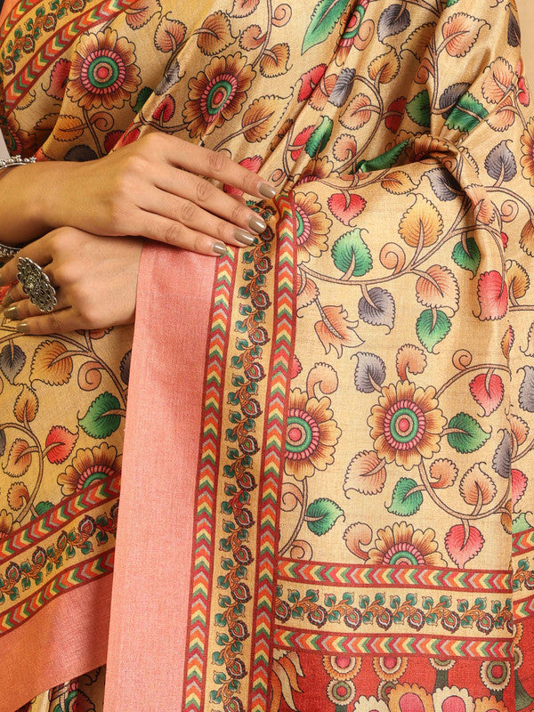 Shivam Fabrics Beige Tussar Silk Fabric Printed Saree - Distacart
