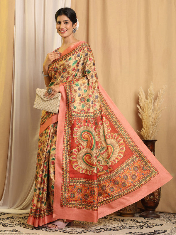 Shivam Fabrics Beige Tussar Silk Fabric Printed Saree - Distacart