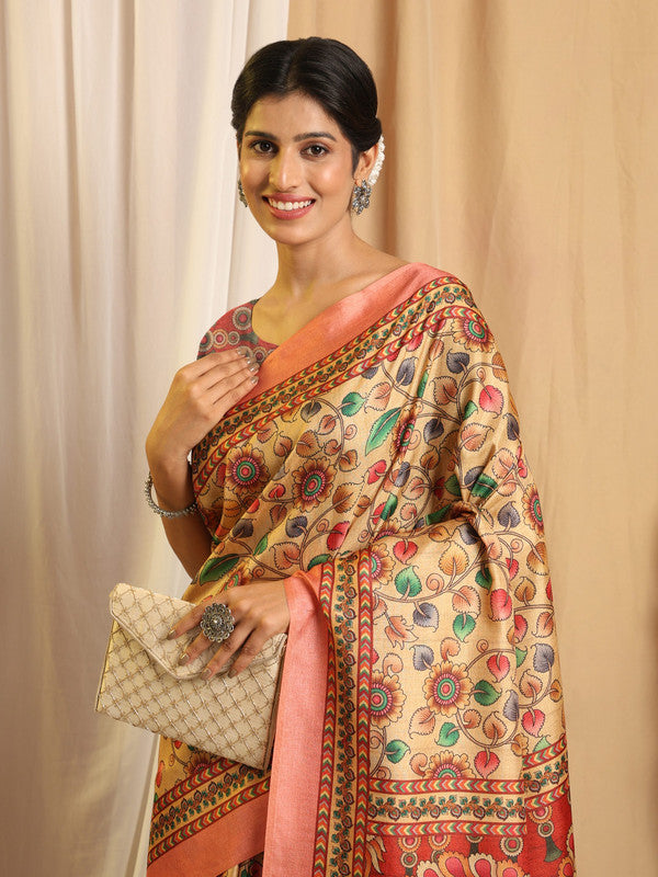 Shivam Fabrics Beige Tussar Silk Fabric Printed Saree - Distacart