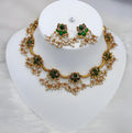 Jewel City Delicate Pearl and Green Necklace Set - Antique Gold Floral Design with Matching Earrings