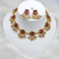 Jewel City Delicate Pearl and Red Necklace Set - Antique Gold Floral Design with Matching Earrings