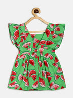 Manet Girls Cotton V Neck Frill Frock Watermelon Printed - Green