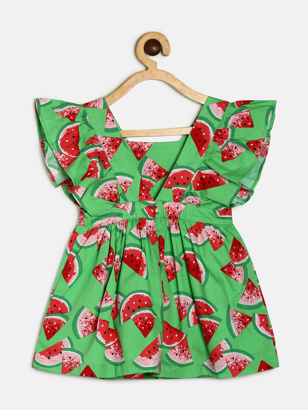Manet Girls Cotton V Neck Frill Frock Watermelon Printed - Green