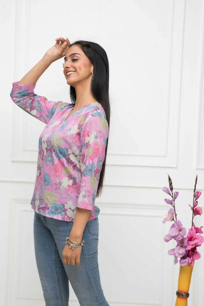 Myshka Women Multi Floral V-Neck Regular Sleeves Viscose Rayon Top - Distacart
