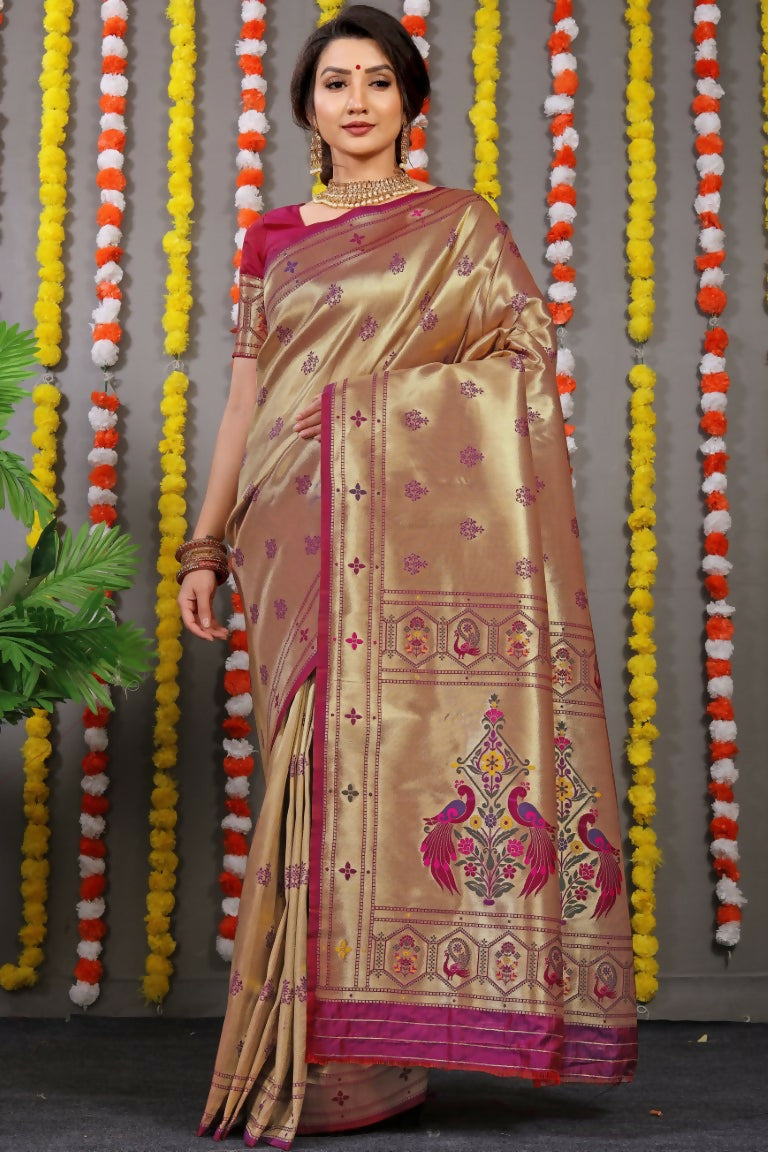 Jyoti Fashion Women's Wine Paithani Silk Zari Woven Saree with Blouse