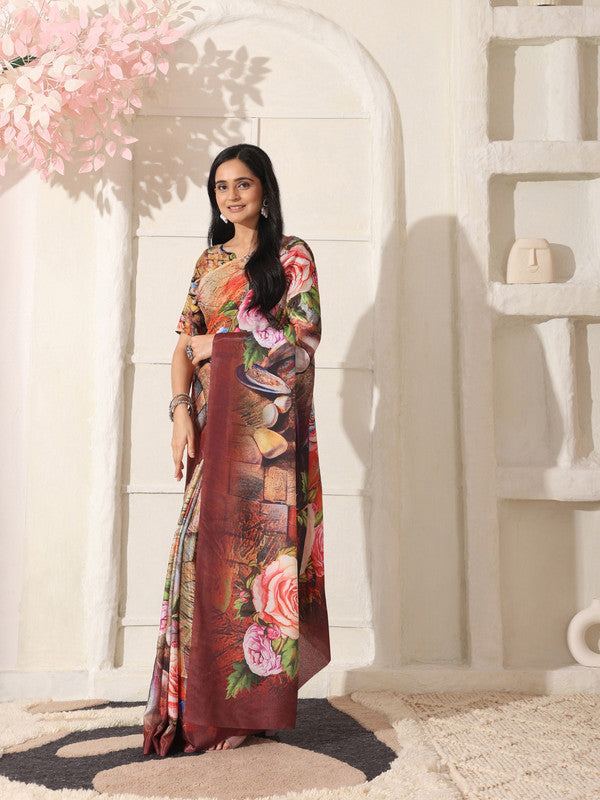 Shivam Fabrics Multi Color Turkey Fabric Printed Saree - Distacart
