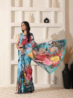 Shivam Fabrics Sky Blue Turkey Fabric Printed Saree - Distacart