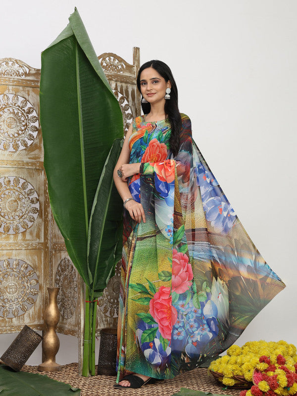 Shivam Fabrics Multi Color Turkey Fabric Printed Saree - Distacart