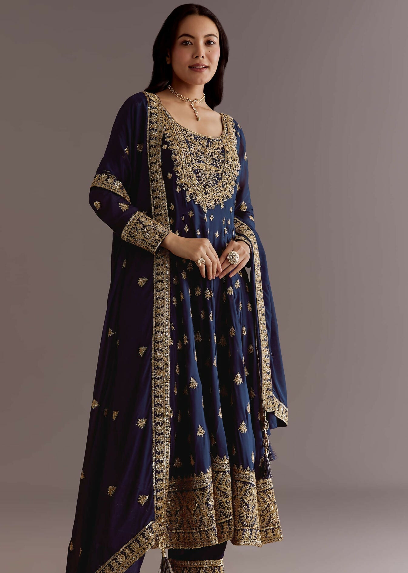Teeya Creation Blue Color Chinnon Silk Embroidery Work Gown - Distacart