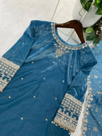 Vastranavya Blue Velvet Sequence Embroidery Work Kurta & Bottom With Dupatta - Distacart