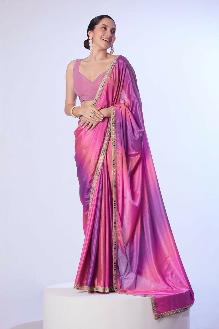Pink Chinon Solid Designer & Lace Work Saree - Samaa