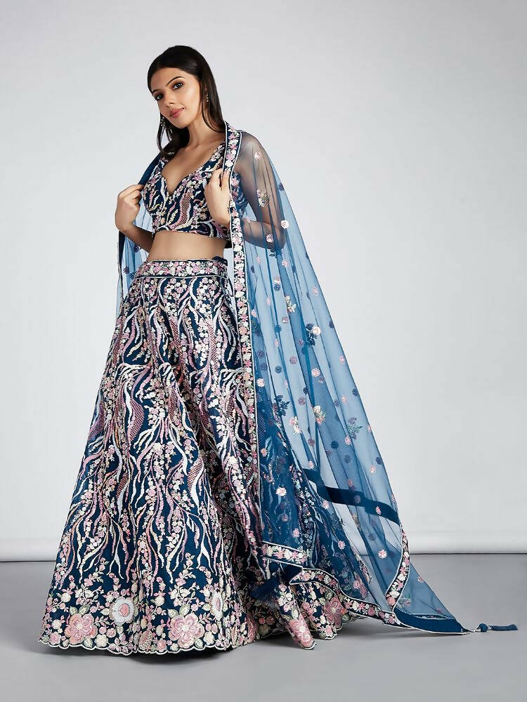 House of Panchhi Navy Blue Net Sequins And Thread Embroidery Lehenga Choli & Dupatta