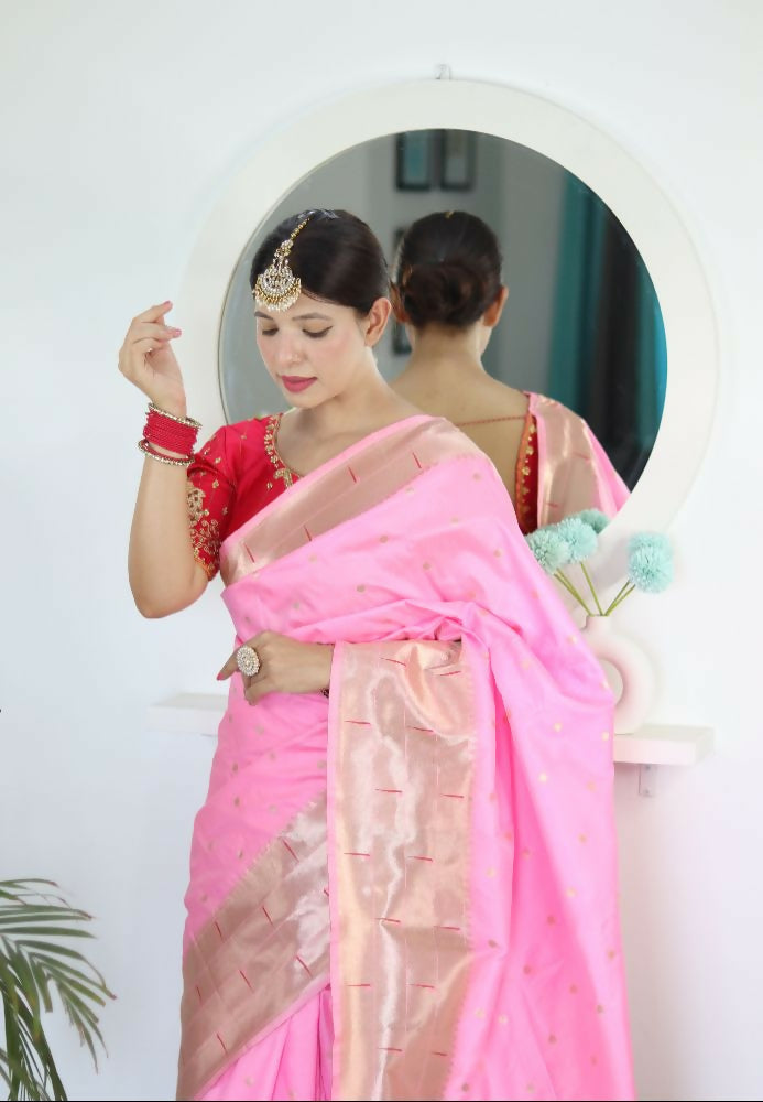 Pink Woven Jacquard Designer Embroidery Work Party Wear Saree - Parampara