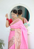 Pink Woven Jacquard Designer Embroidery Work Party Wear Saree - Parampara