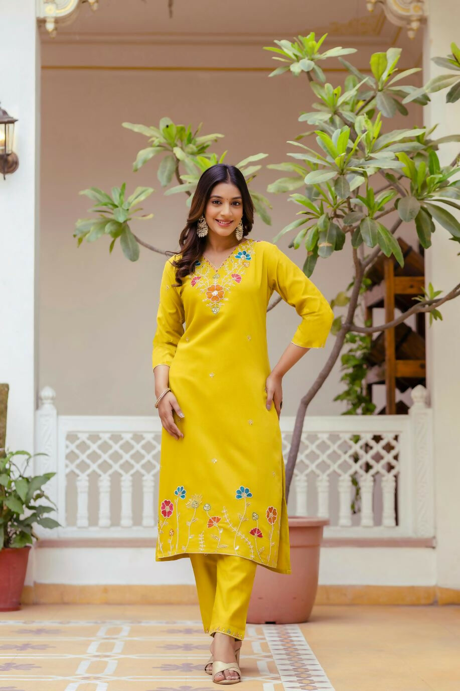 The52 Yellow Women's Gorgeous Embroidered work Viscose Gadhwal Fabric Straight Kurta, Pant and Dupatta Set - Distacart