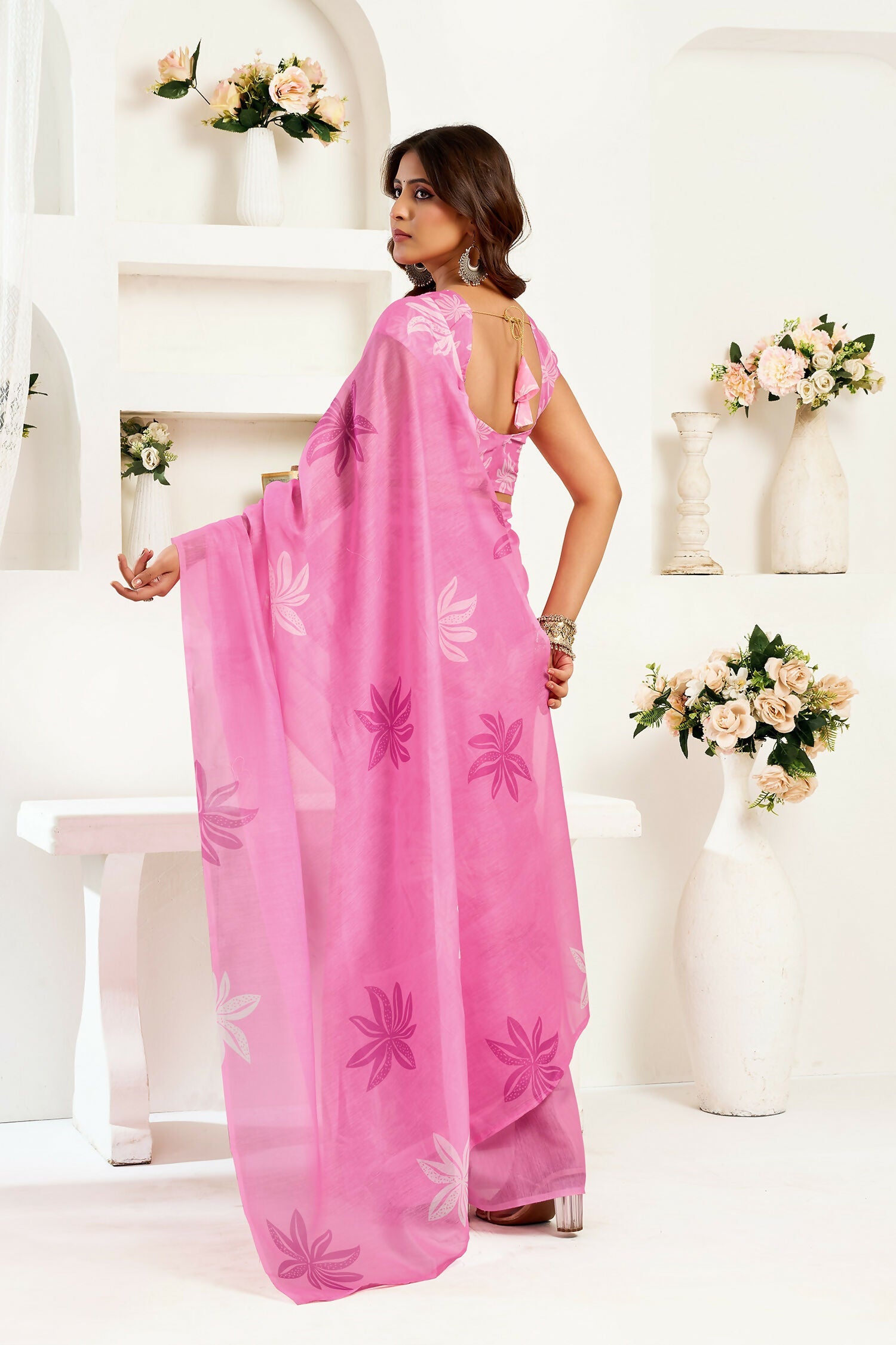 Joban Fashion Pink Floral Linen Ready To Wear Saree With Unstitched Blouse - Distacart
