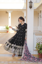 Sonakshi Women's Black Faux Georgette Sequins Zari Embroidered Anarkali Dress with Dupatta
