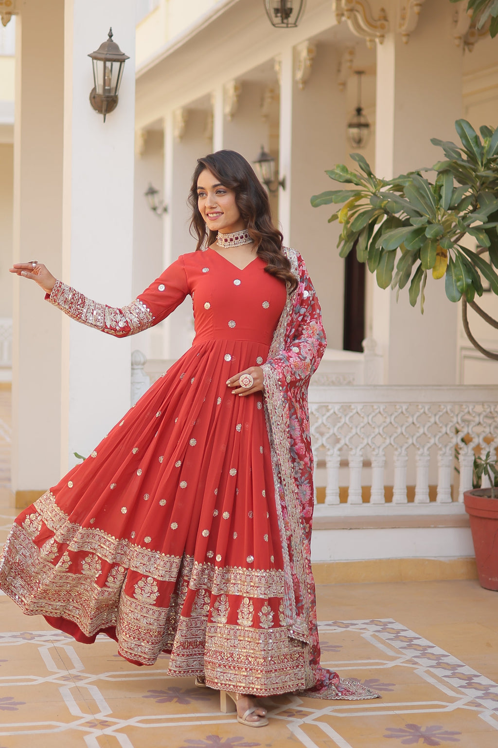 Sonakshi Women's Orange Faux Georgette Sequins Zari Embroidered Anarkali Dress with Dupatta