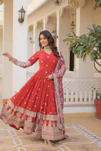 Sonakshi Women's Orange Faux Georgette Sequins Zari Embroidered Anarkali Dress with Dupatta