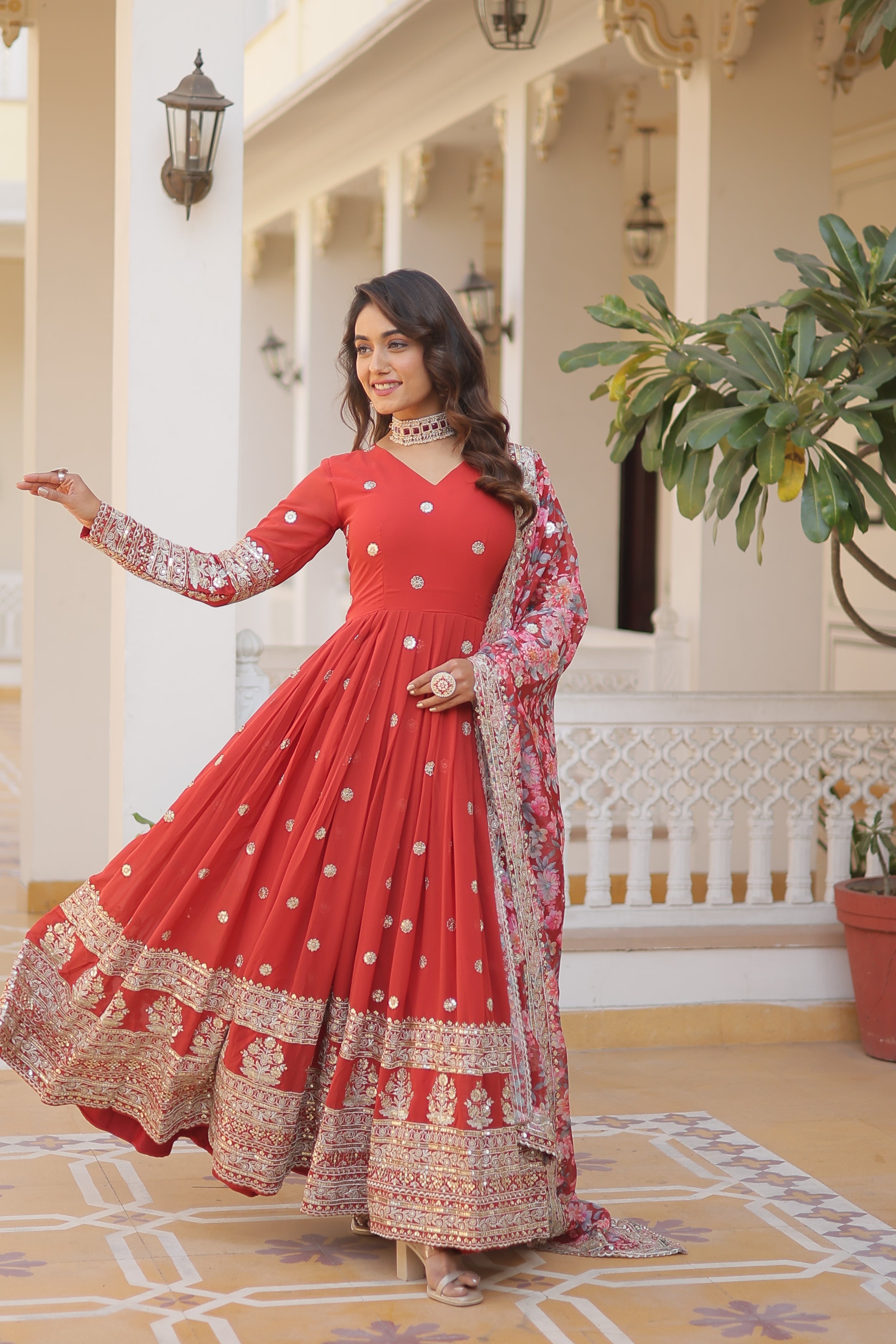 Sonakshi Women's Orange Faux Georgette Sequins Zari Embroidered Anarkali Dress with Dupatta