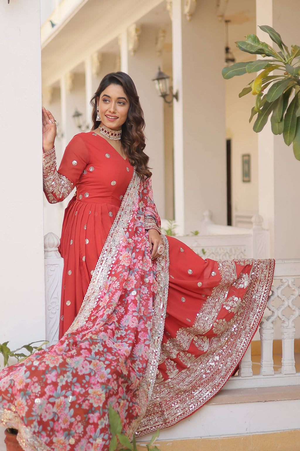 Sonakshi Women's Orange Faux Georgette Sequins Zari Embroidered Anarkali Dress with Dupatta
