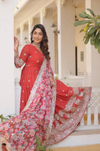 Sonakshi Women's Orange Faux Georgette Sequins Zari Embroidered Anarkali Dress with Dupatta