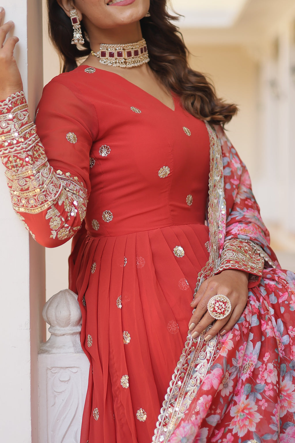 Sonakshi Women's Orange Faux Georgette Sequins Zari Embroidered Anarkali Dress with Dupatta