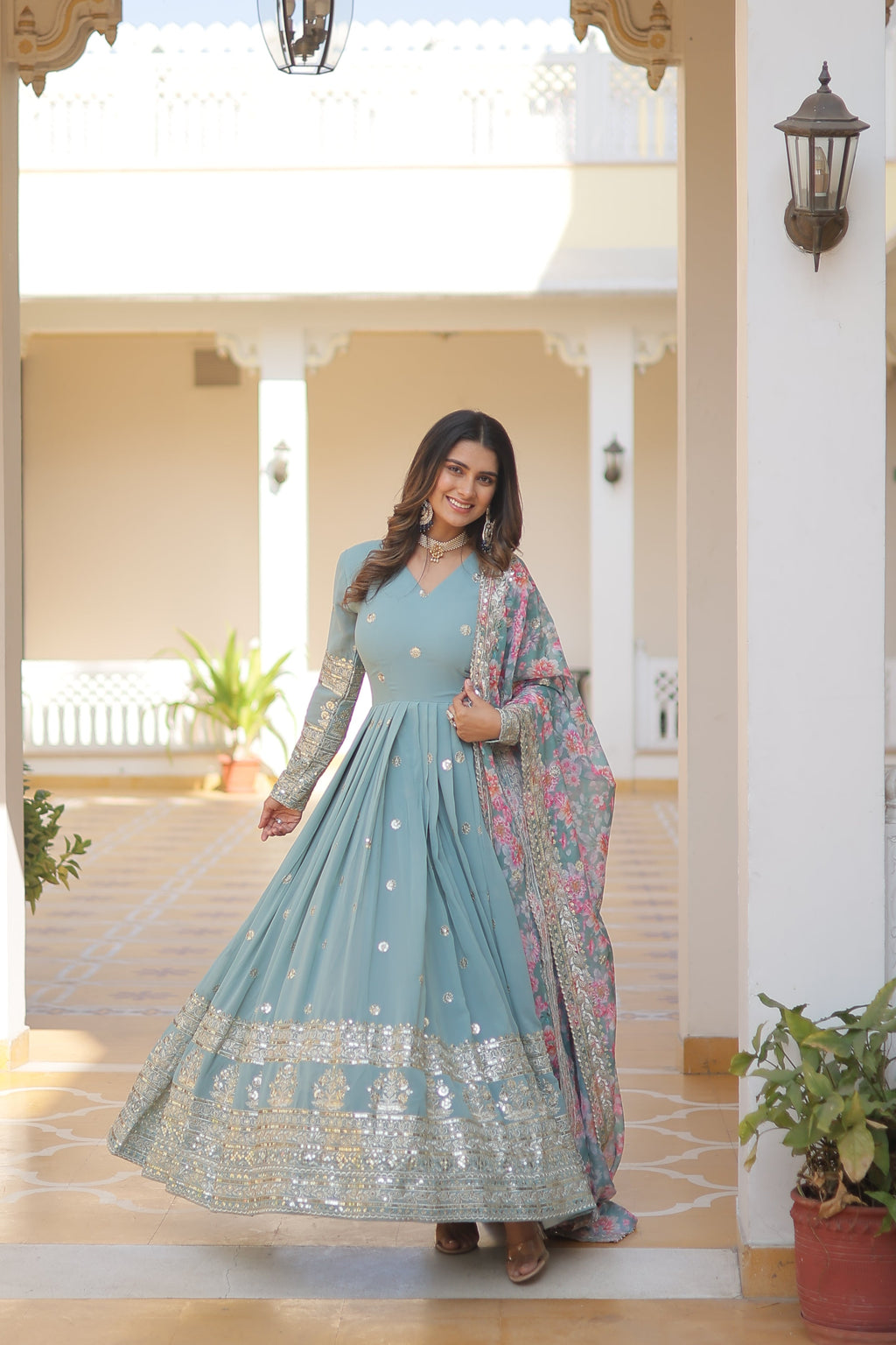 Sonakshi Women's Sky Blue Faux Georgette Sequins Zari Embroidered Anarkali Dress with Dupatta