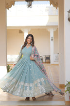 Sonakshi Women's Sky Blue Faux Georgette Sequins Zari Embroidered Anarkali Dress with Dupatta