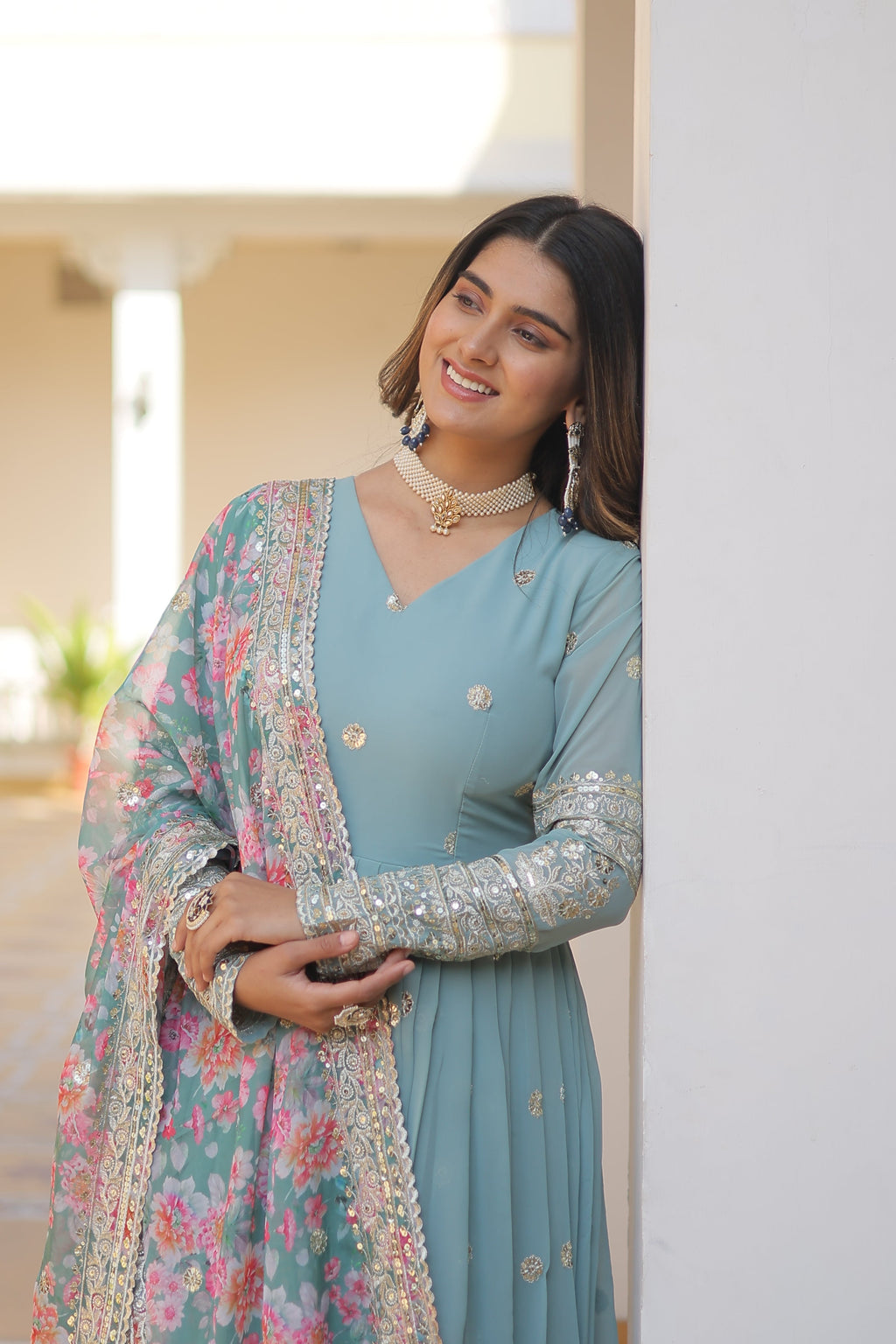 Sonakshi Women's Sky Blue Faux Georgette Sequins Zari Embroidered Anarkali Dress with Dupatta